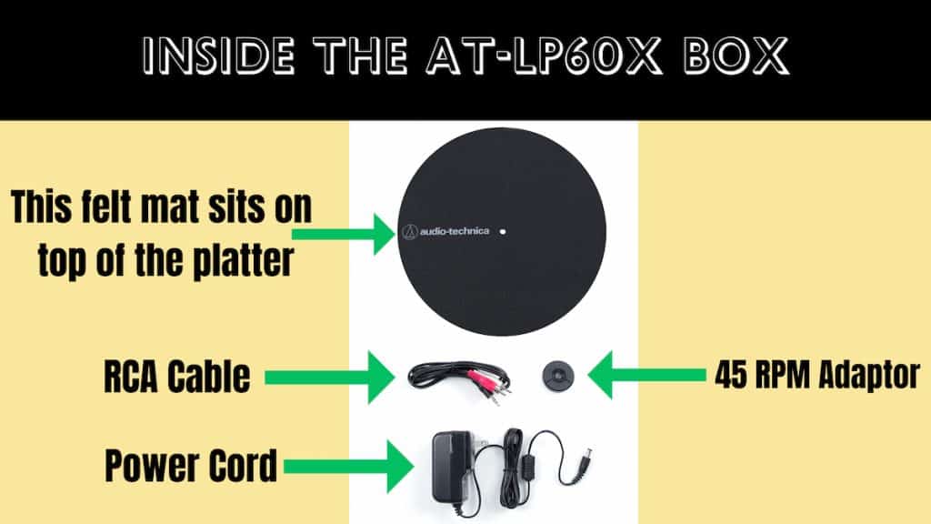 Aside from the record player itself, here's what also comes inside the AT-LP60X box.